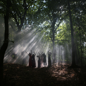 Traditional witch group in the woods