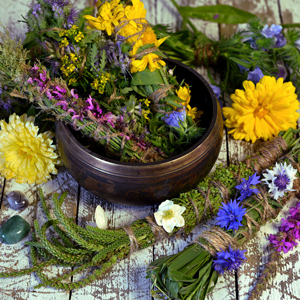 Kitchen witch supplies in chakra bowl surrounded by herbs and flowers